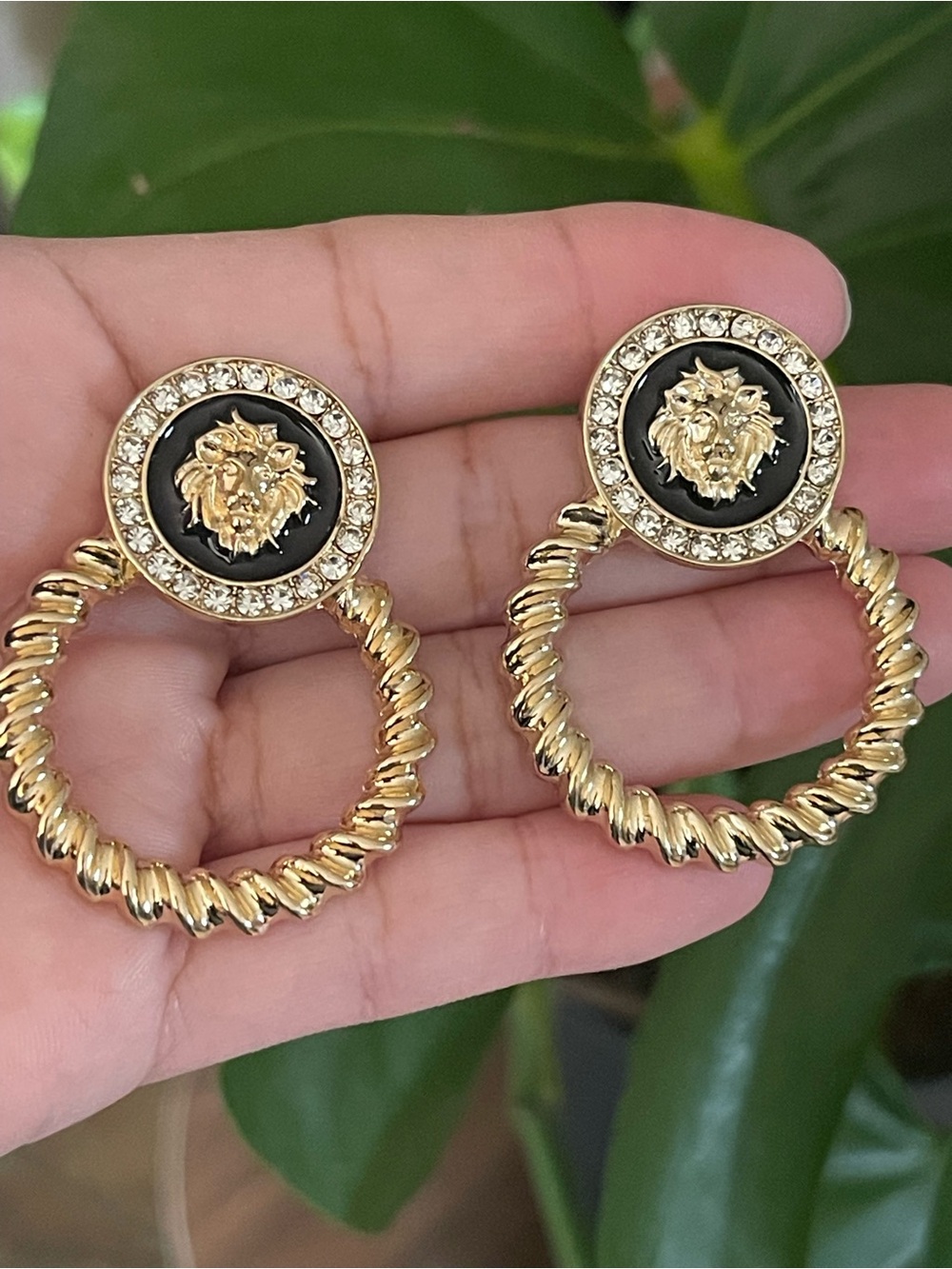 Gold Lion Medallion Hoop Earrings with Black Accent
